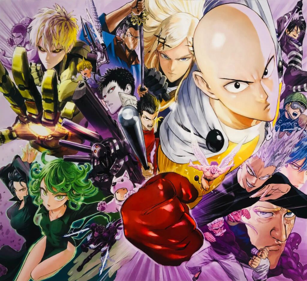 Color spread of cover image featuring Saitama, Genos, Flashy Flash, Garou, Metal Bat, and other characters.
