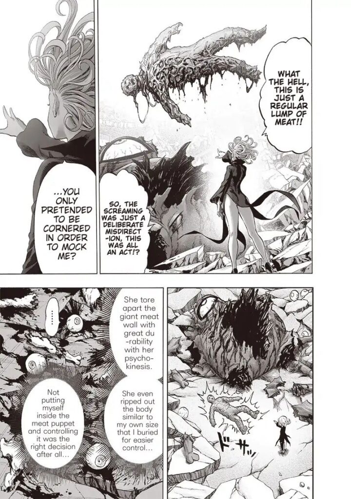 Tatsumaki rips off a human figure inside Gyoro-Gyoro's body, which is lying lifeless amidst the rubbles.