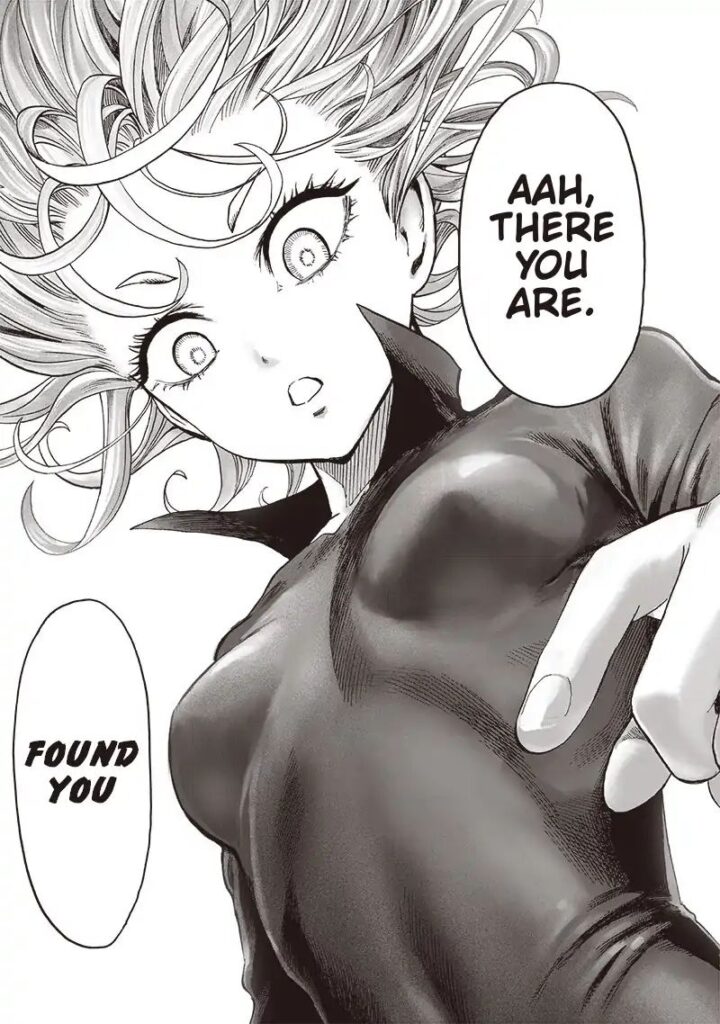 Tatsumaki looks down after discovering the woman's location.