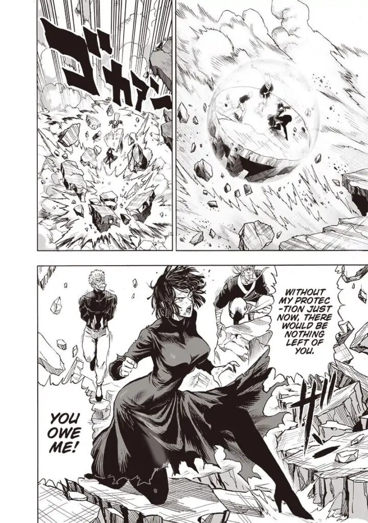 Fubuki, Bang, and Bomb fall on the rubble without getting hurt.