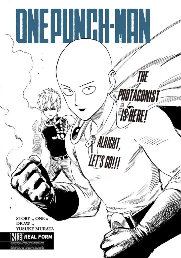 Saitama clenches his smoking fist while Genos stands behind him, extending his arm with his palms open.