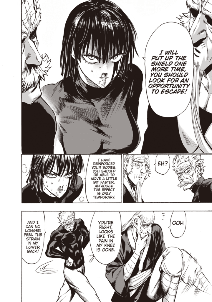 Fubuki tells Bang and Bomb to escape. Bang and Bomb notice their body pains are gone.