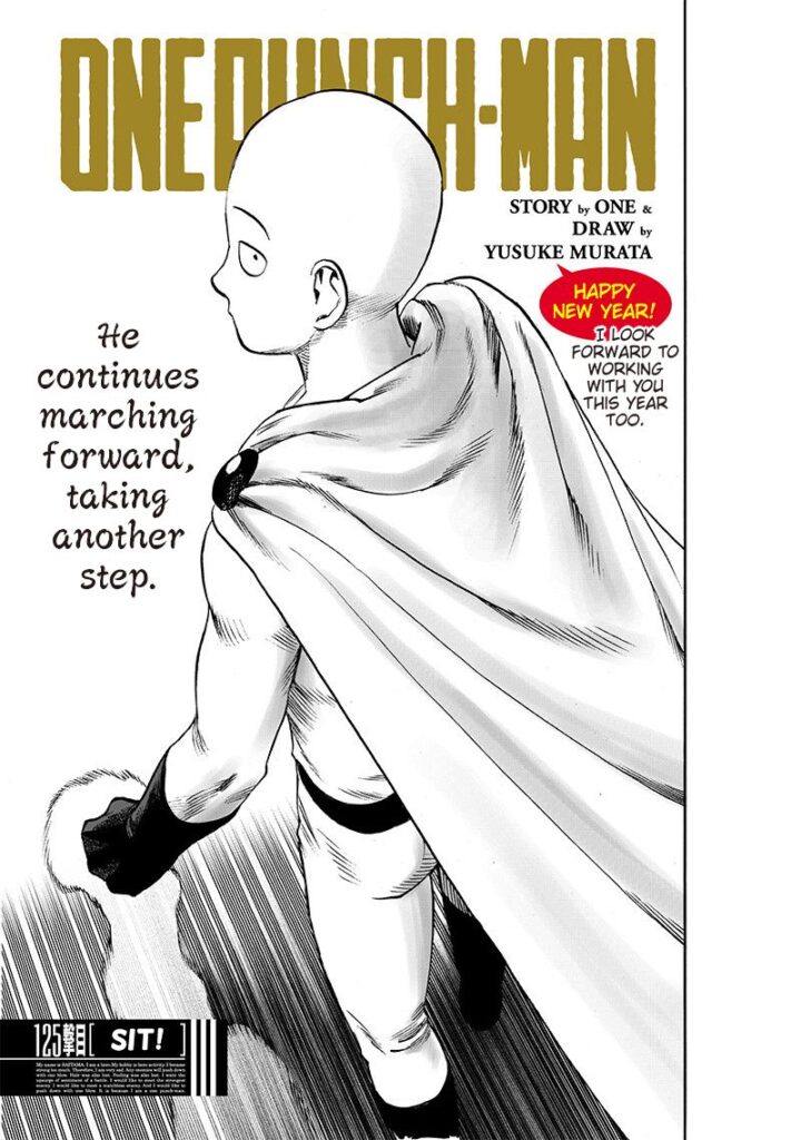 Saitama walks while glancing behind as his clenched fist is smoking.