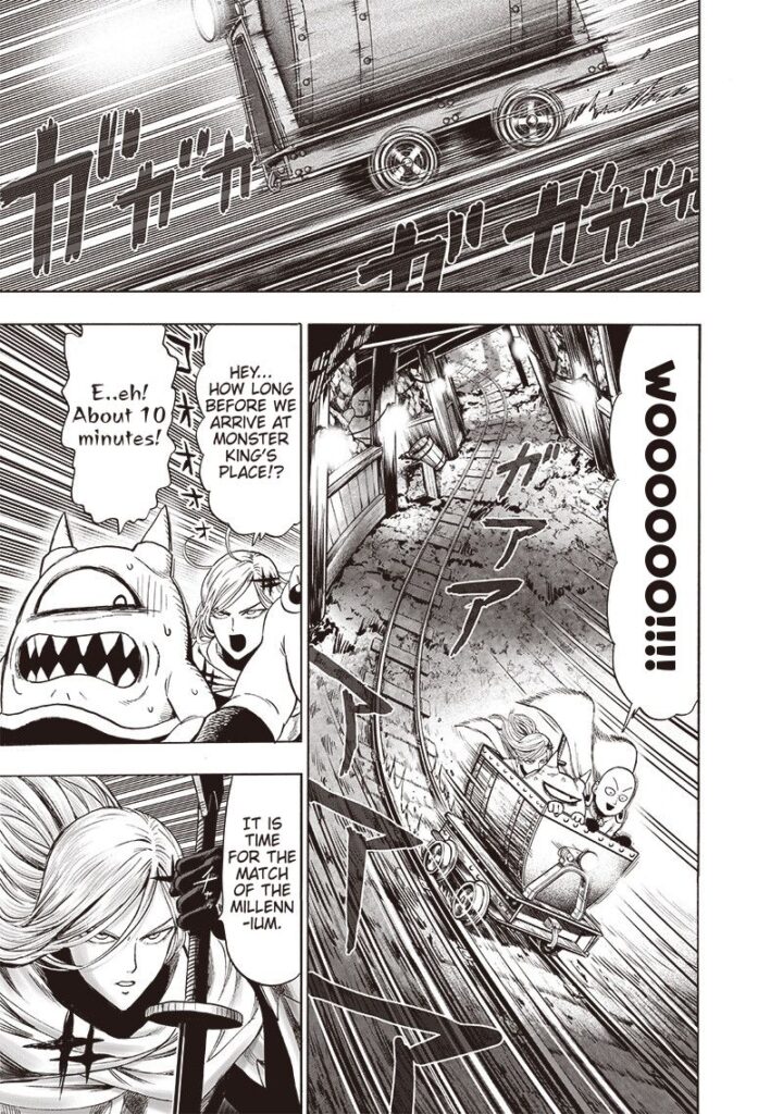 Cut to the scene, Saitama, Flashy Flash, and Manako are riding a cart underground that travels using train tracks.