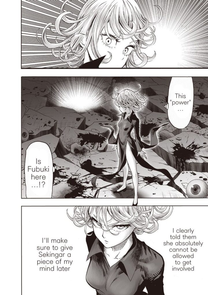 Tatsumaki turns around seriously after sensing Fubuki's energy. 