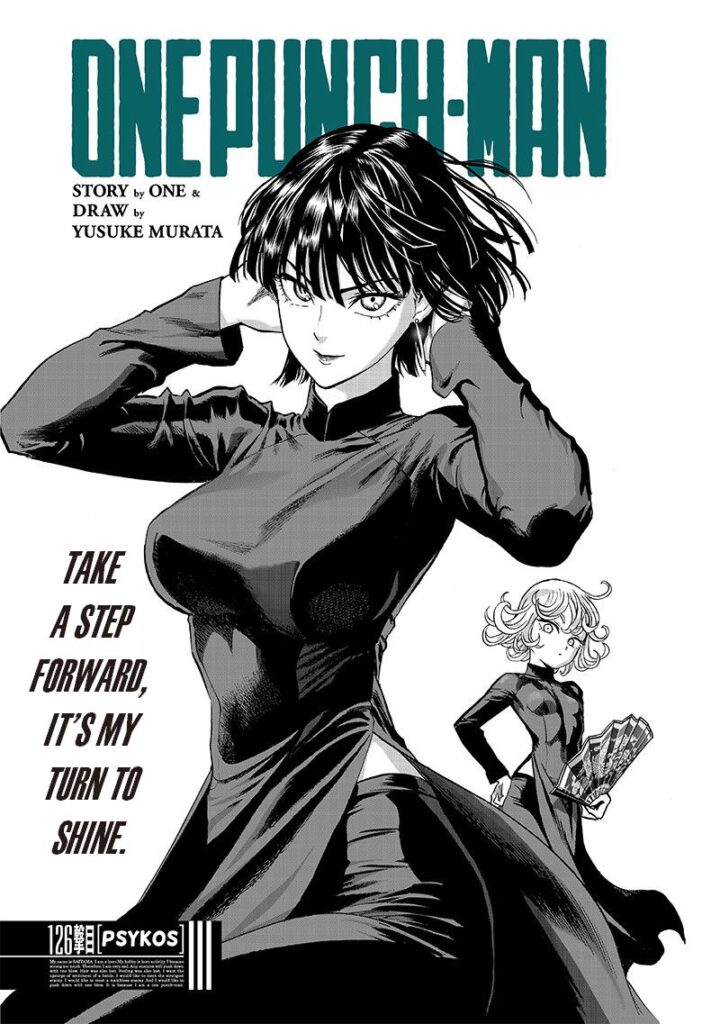 Fubuki looks sexy while holding her head, and Tatsumaki stands behind her, holding a fan.