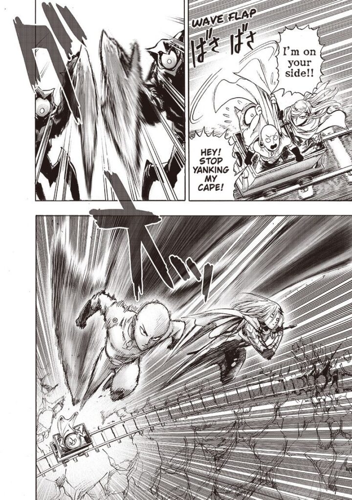 Two monsters start attacking their cart, but Saitama and Flashy Flash jump to counterattack them.