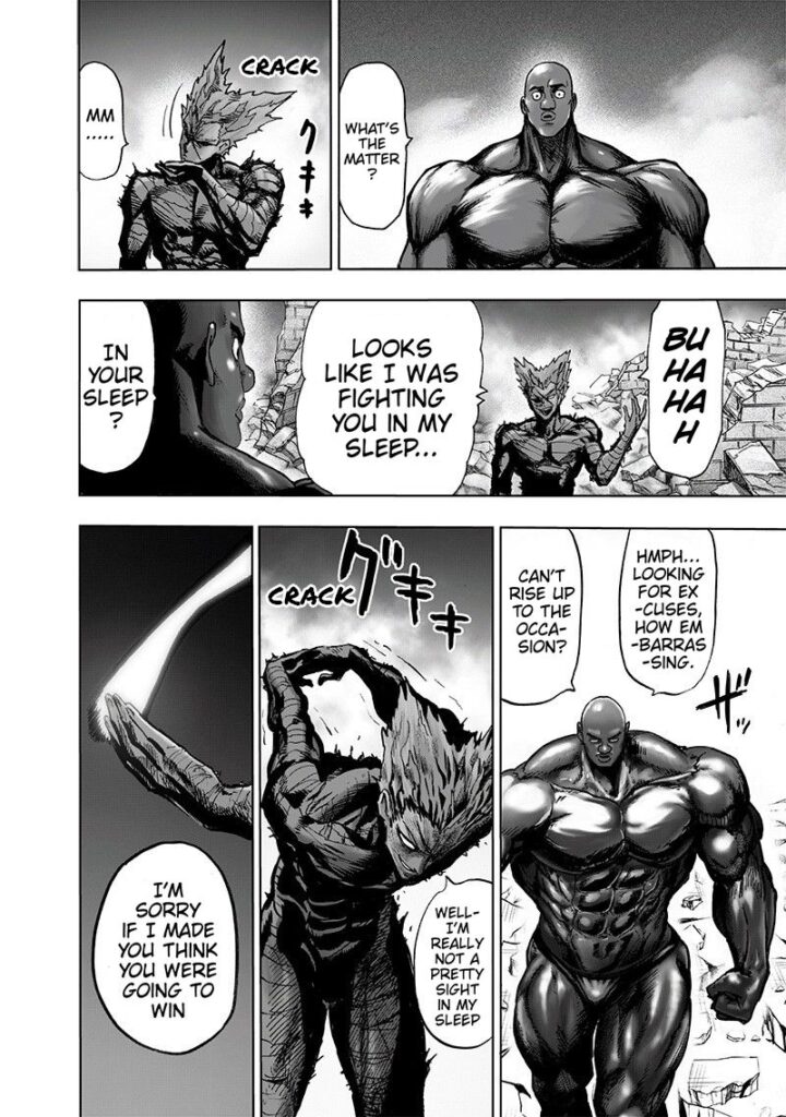 Superalloy Darkshine starts walking towards Garou, who is now stretching his body after explaining he was fighting asleep.