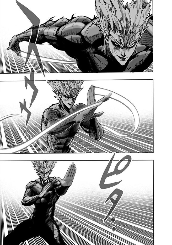 Garou swings his hands and makes a martial arts pose.