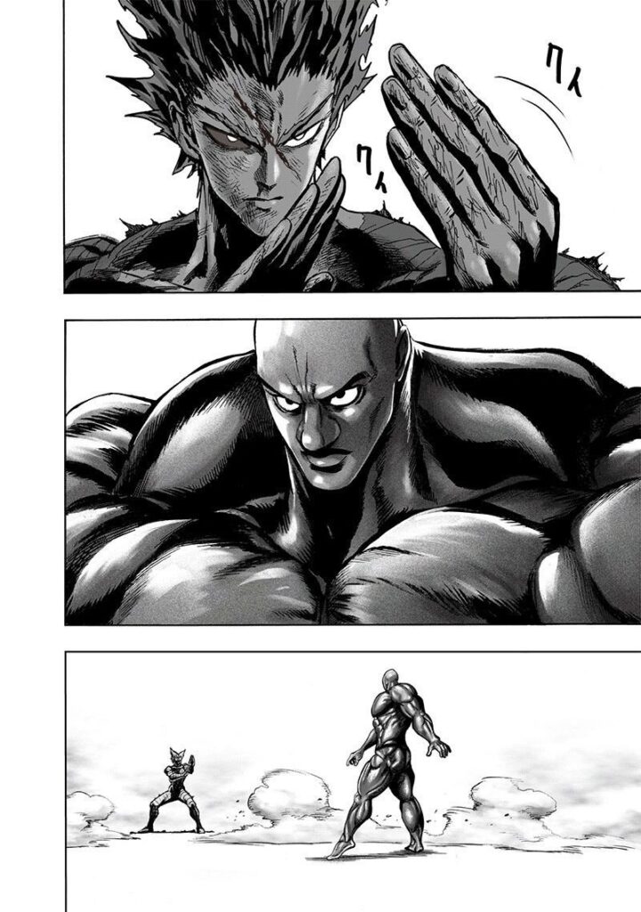 Garou and Superalloy Darkshine stand face to face, serious and not making any movements.