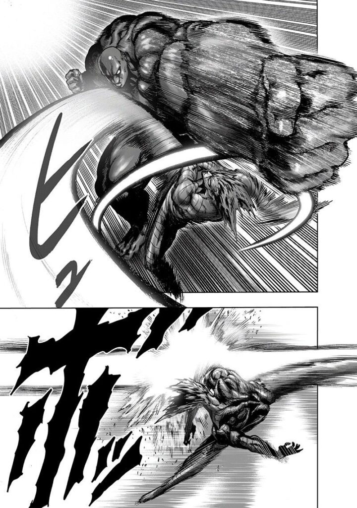 Superalloy Darkshine punches Garou but misses. Garou counters with a powerful round kick and hits him.