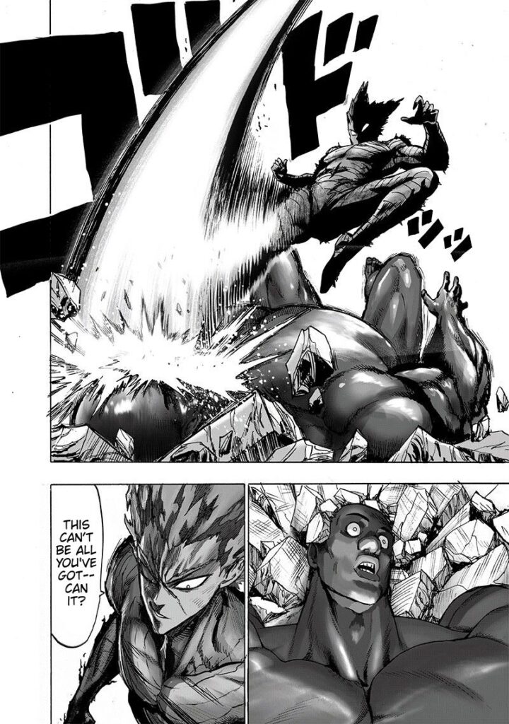 Garou kicks Superalloy Darkshine's face while lying down on the rubble.