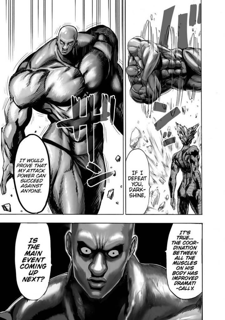 Darkshine flips and stands up, realizing that Garou's body improved dramatically.