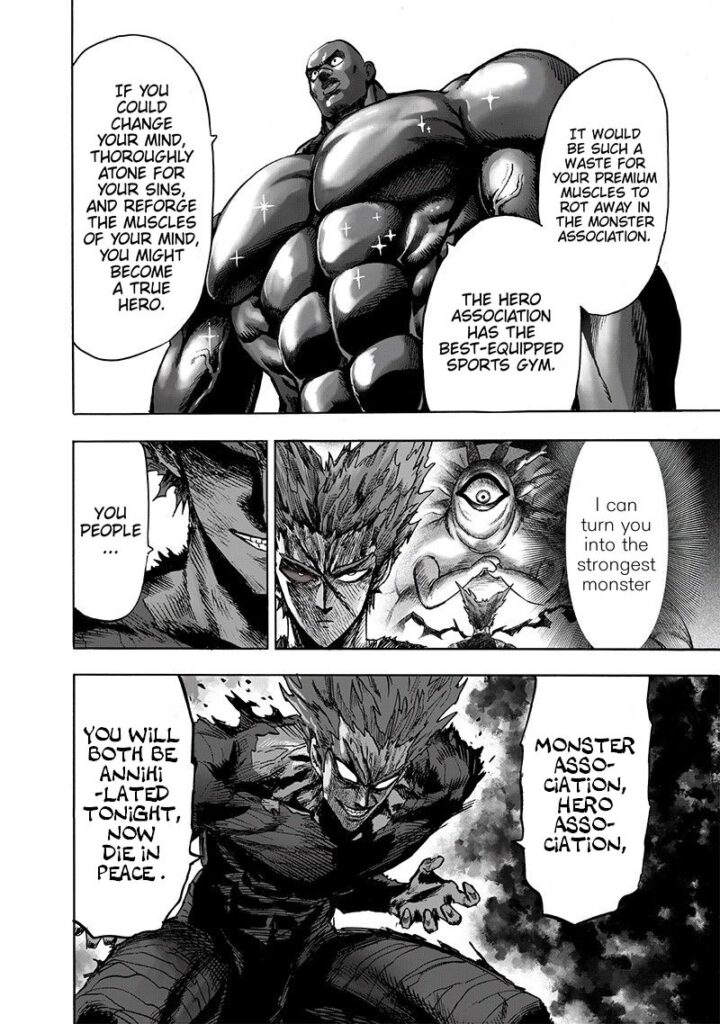 Darkshine's muscles glitter as he invites Garou to become a hero. Garou is pissed after remembering Gyoro-Gyoro's offer.