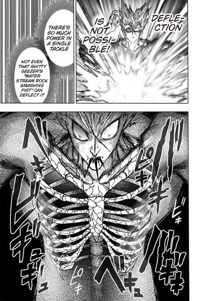 Garou gets hit, and the bones inside his ribs start cracking. He also coughs blood.