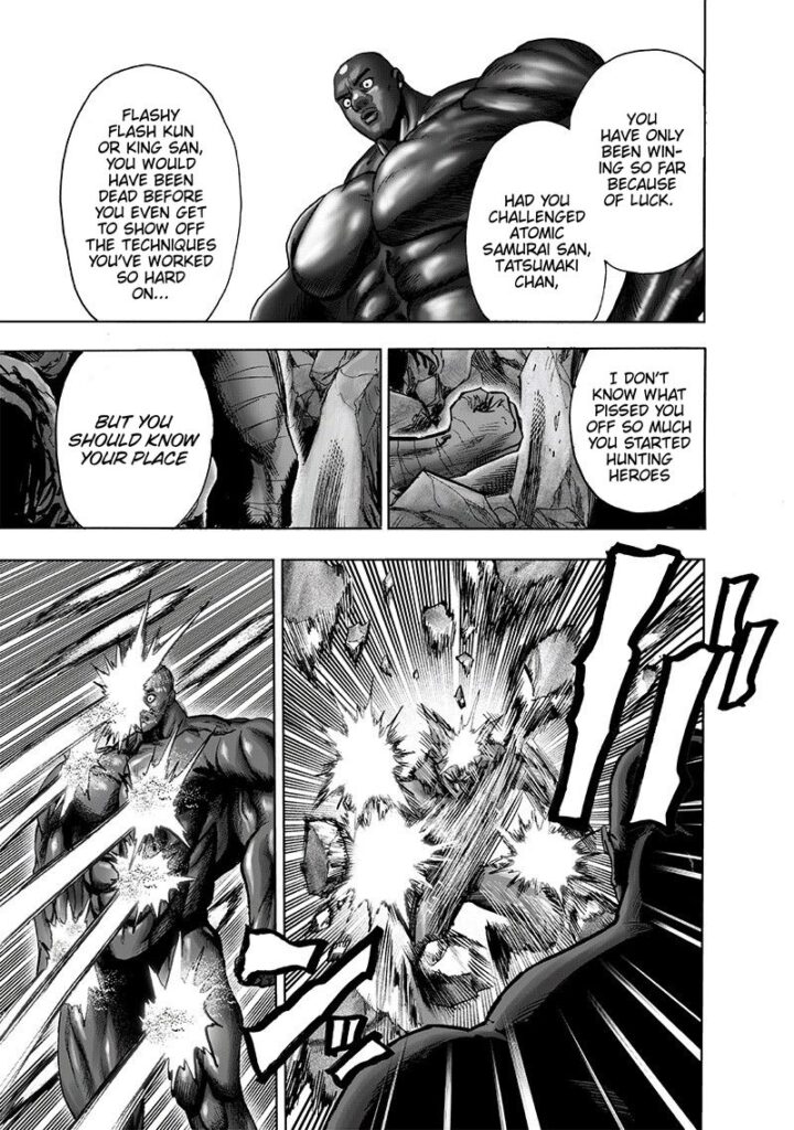 Superalloy Darkshine starts lecturing Garou, but he gets hit with rubbles after Garou throws them at him.