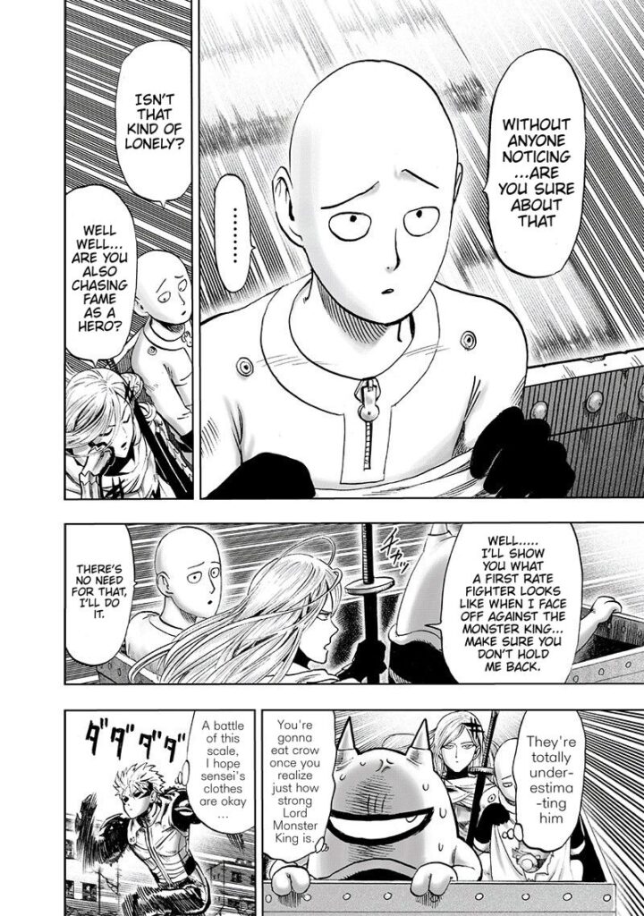 Saitama looks a little worried while Flashy Flash tells him he will destroy the Monster King.