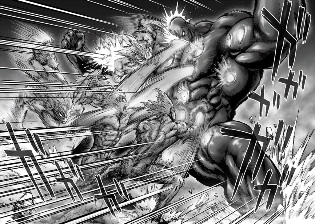 Garou sends a barrage of punches to Superalloy Darkshine's muscular body, who just stands and takes all his attacks.