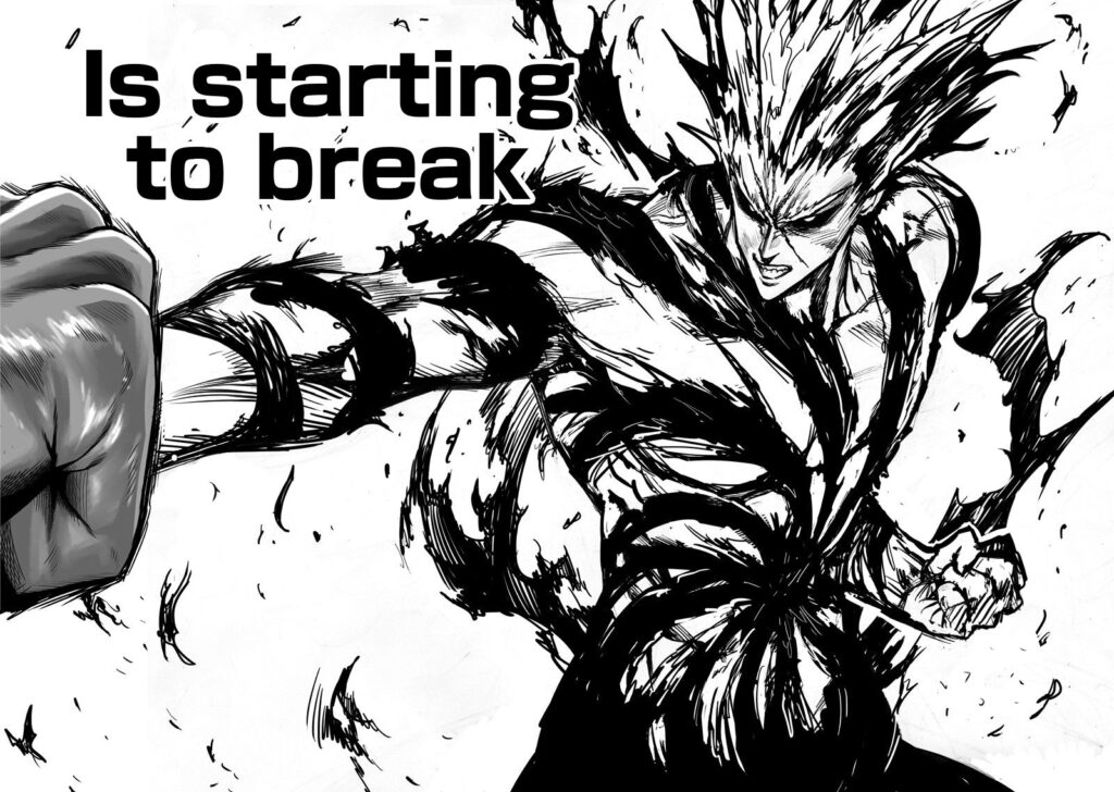 Garou's black clothes gather on his navel in a twisting pattern as his limiter breaks.