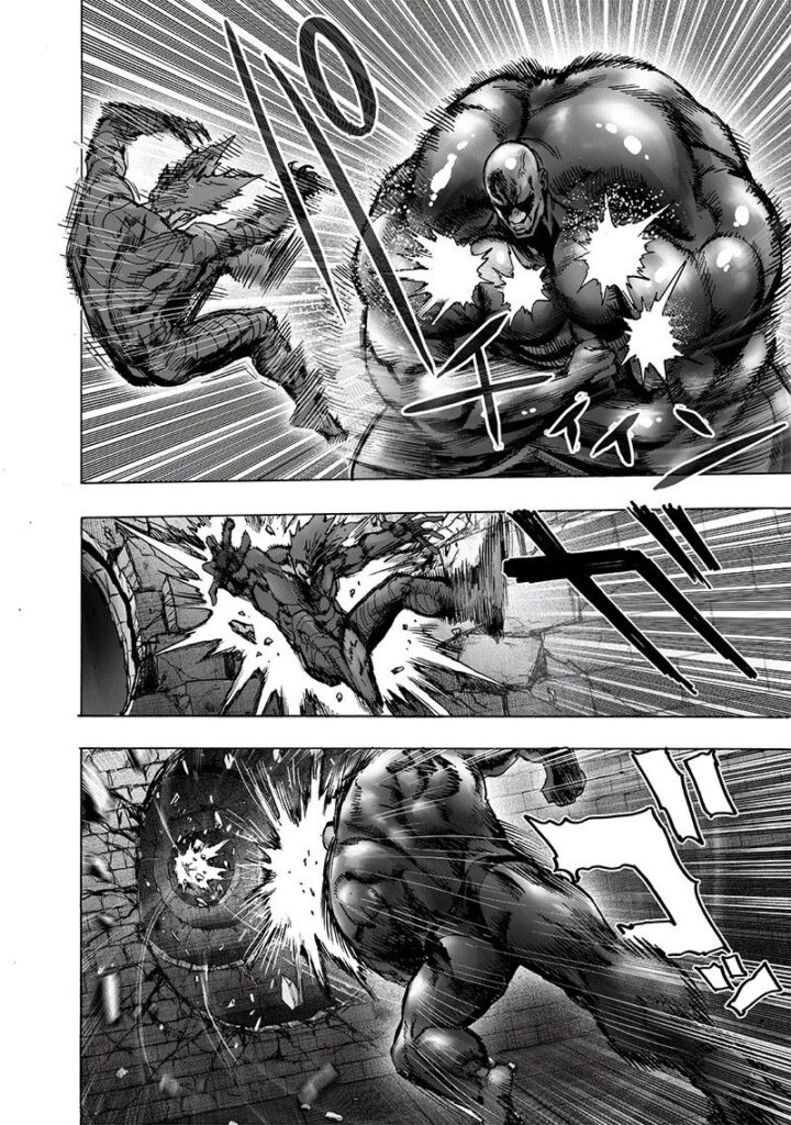 Garou gets thrown away and hits the wall after Superalloy Darkshine hardens his muscles and tackles him.