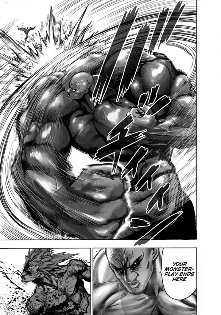 Superalloy Darkshine seriously punches Garou, who gets hit and spits a lot of blood.