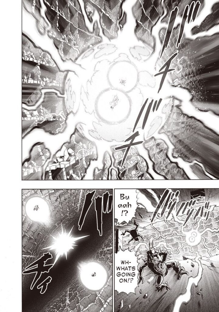 Tatsumaki and Psykos's psychic powers clash. Lightning emerges from them as they separate.