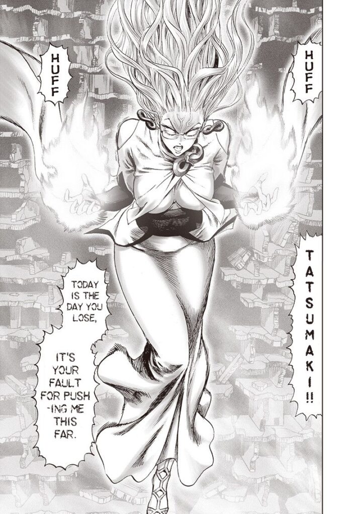 Psykos looks angry while levitating, and her hands glow with powers.