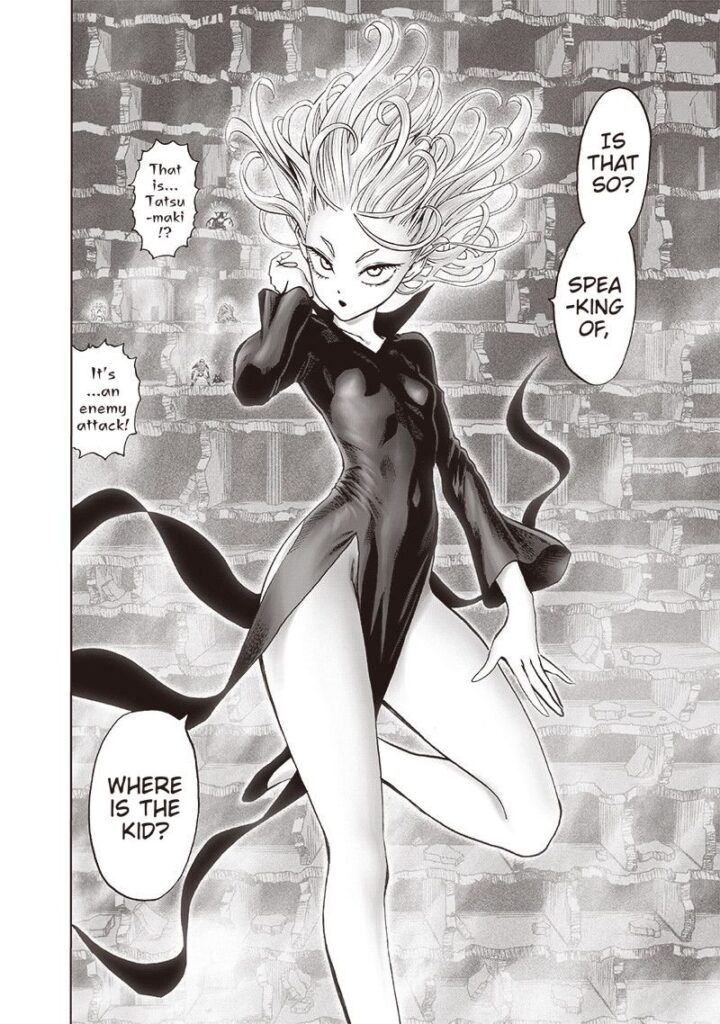 Tatsumaki also levitates but with a calm composure. She asks the whereabouts of the kid.