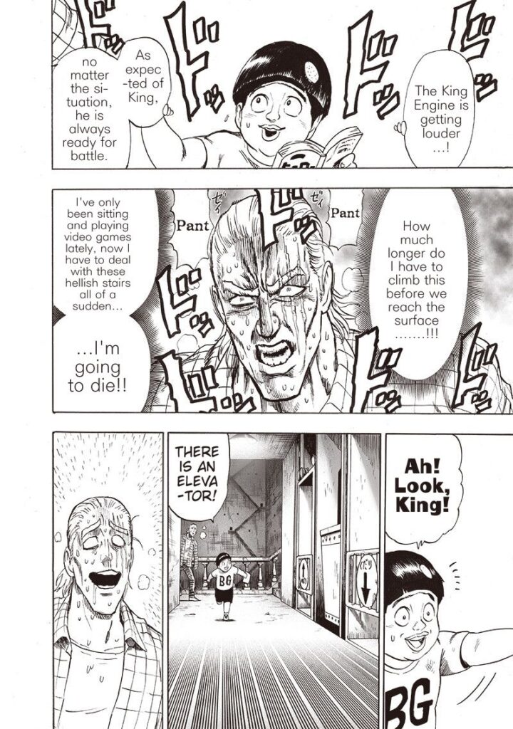 Tareo is glad after hearing the King Engine. King looks tired and sweating but gets relieved after seeing an elevator.