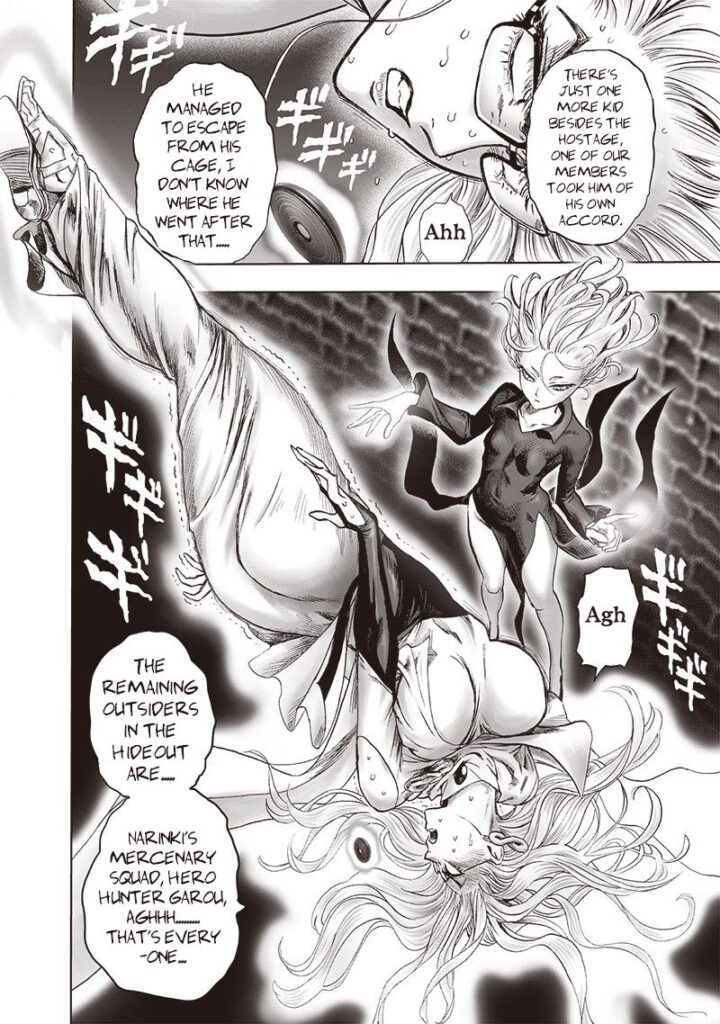 Back to the fight, Psykos tells the truth about the other kid as Tatsumaki twists her body.