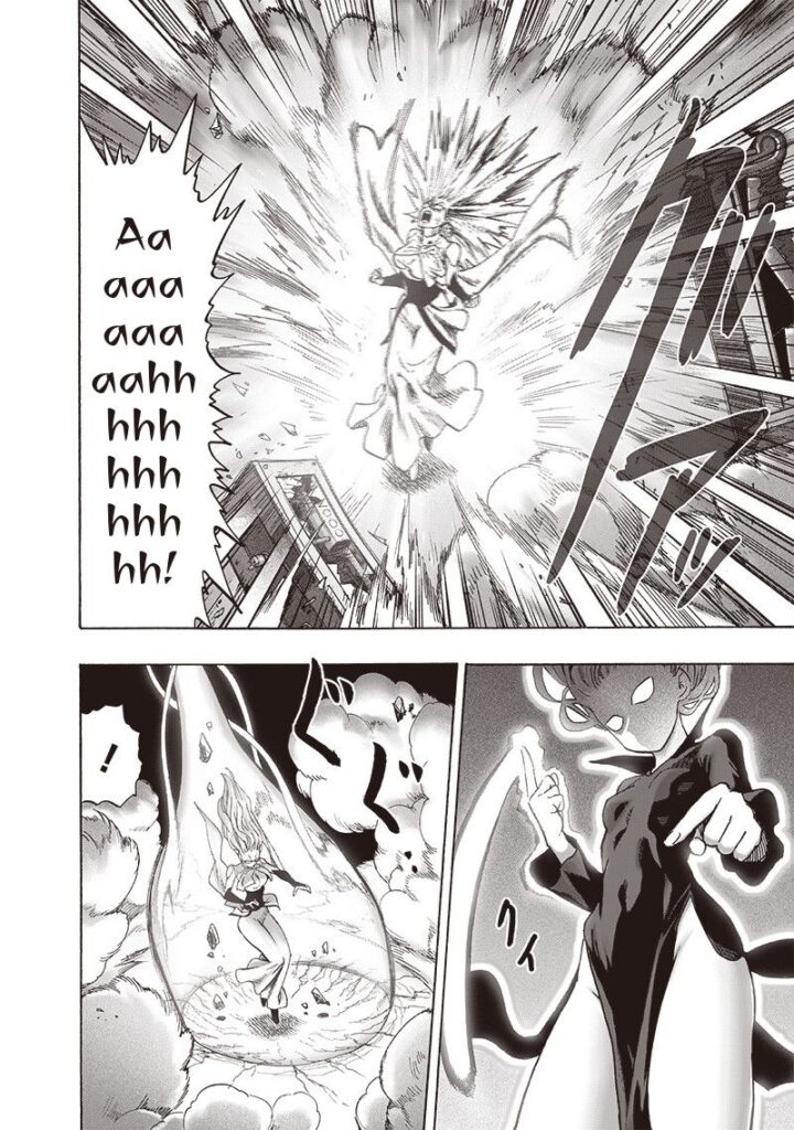 Dusts are blown away as Psykos powers up. Tatsumaki flicks her finger upward in an attempt to pull Psykos.