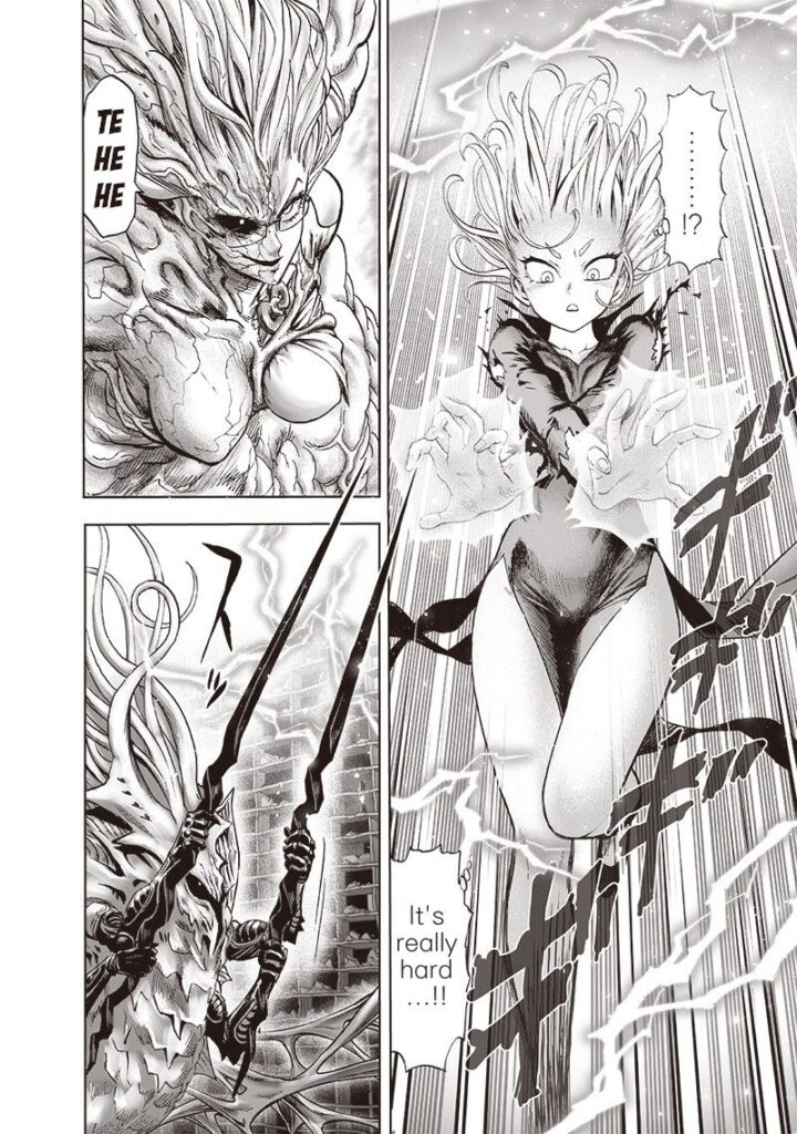 Tatsumaki's clothes start ripping as she attacks monster Psykos, who now looks hideous and deformed.