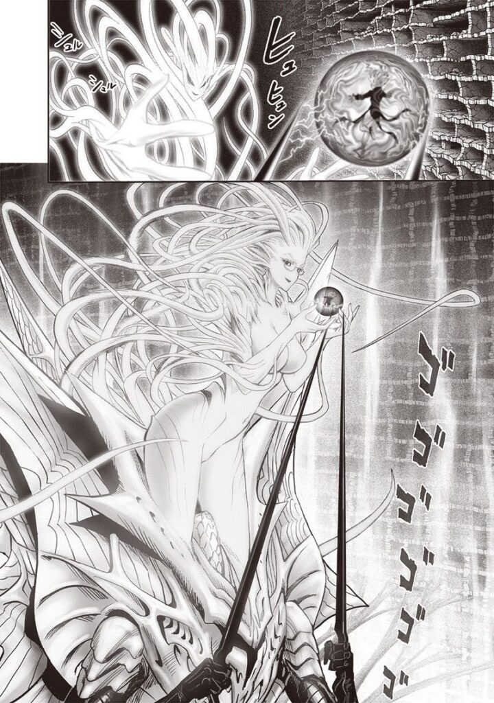 Tatsumaki is now trapped inside a ball. Psykos is now a huge, sexy figure standing on top of a giant monster.