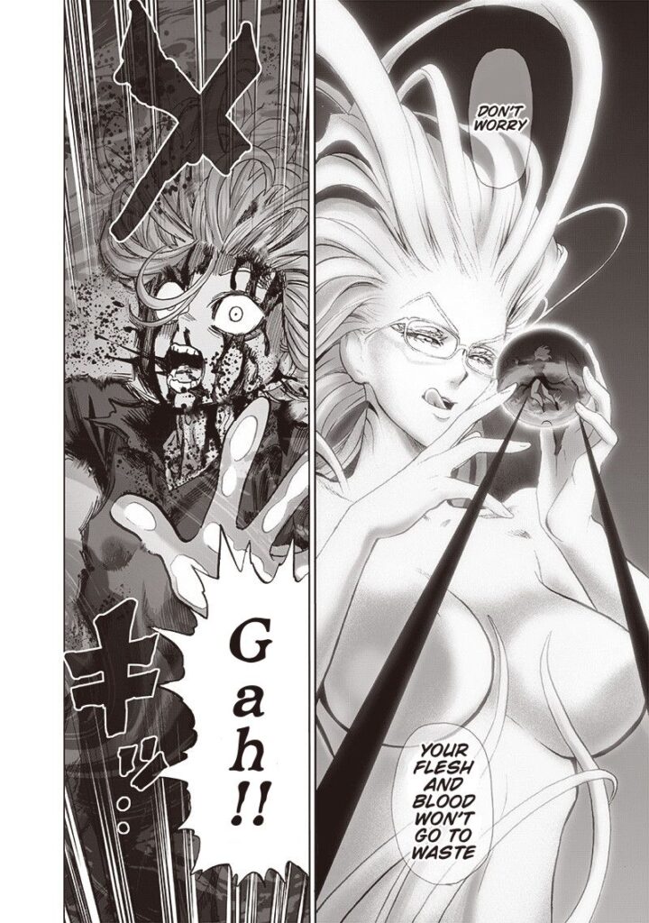 Giant Psykos licks her lips while Tatsumaki bleeds inside the gravity ball.