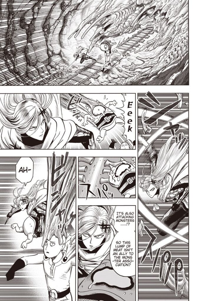 Cut to the scene, Flashy Flash, Saitama, and Manako run as the lump of meat chases them.