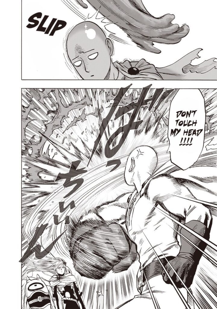 A lump of meat grabs Saitama's head and polishes it. Saitama gets angry and punches it.