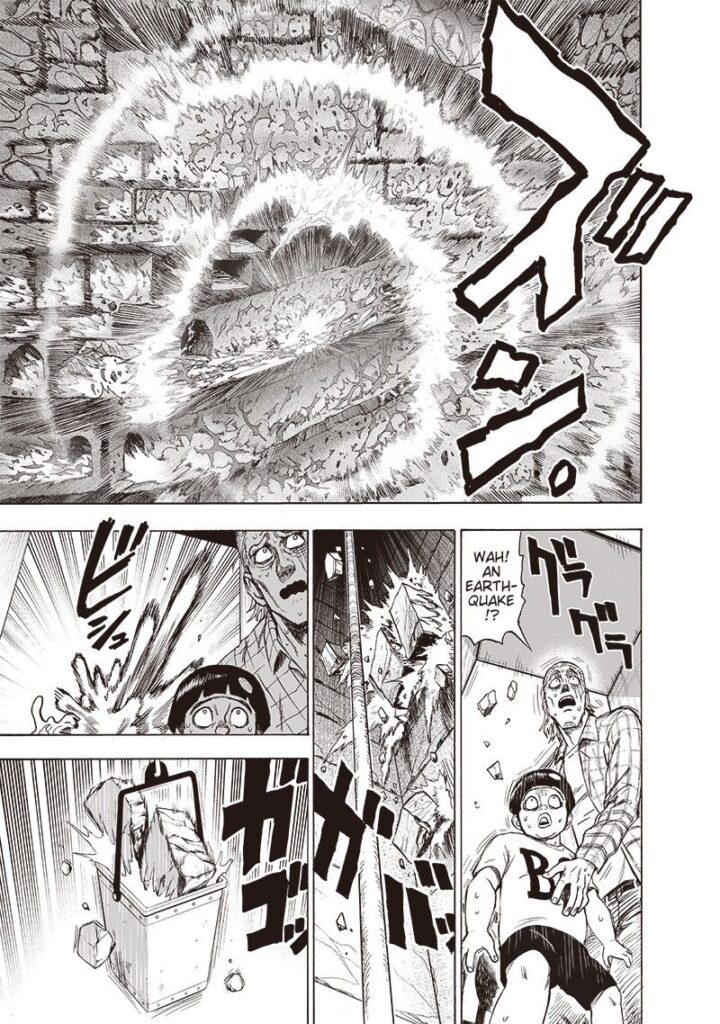 The shockwave from Saitama's punch echoes and destroys a huge portion of the monster's meat. King holds Tareo.