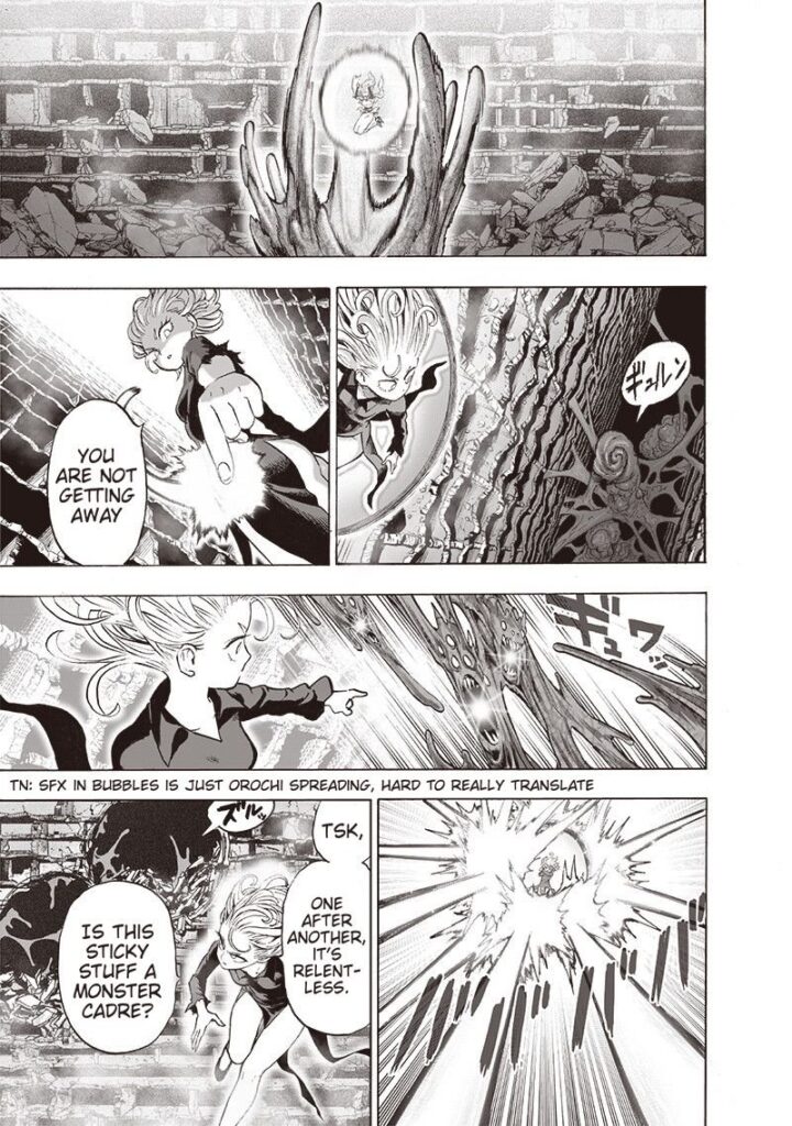 Tatsumaki sees Psykos about to merge with Orochi. She tries to capture her back, but the snakes start firing again.