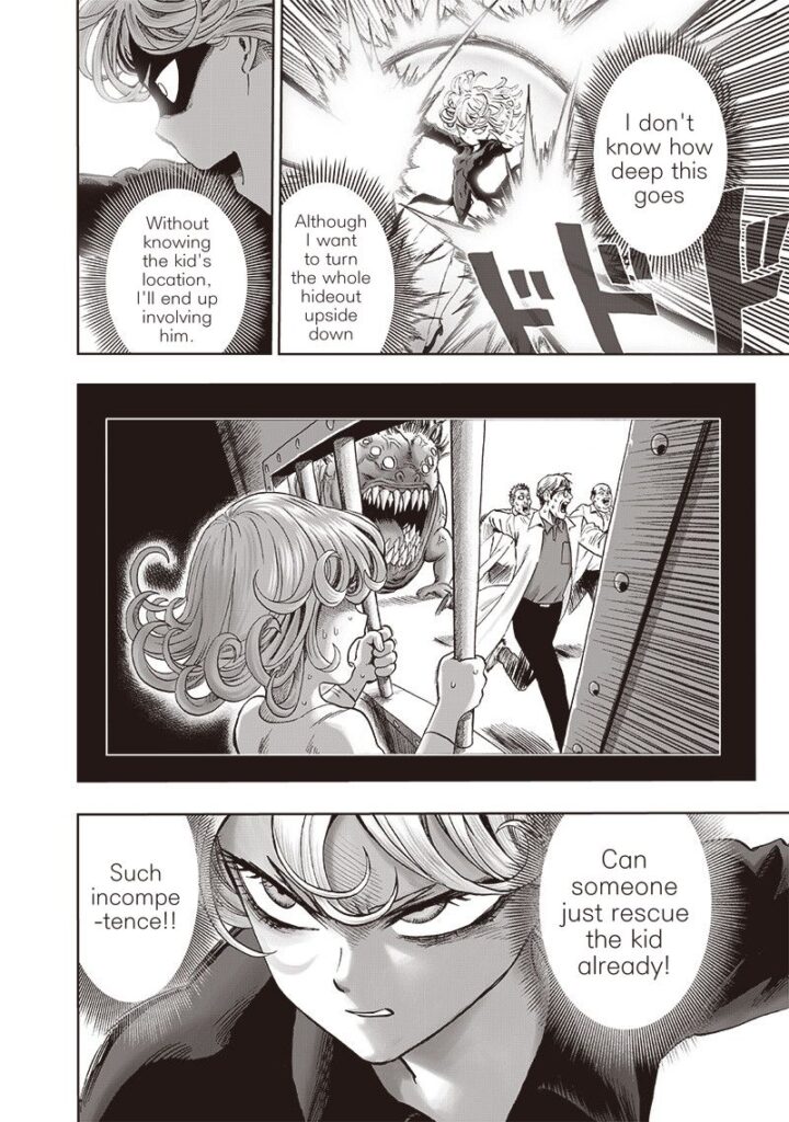 Tatsumaki is on the defensive and is pissed as she remembers her childhood while inside a prison.