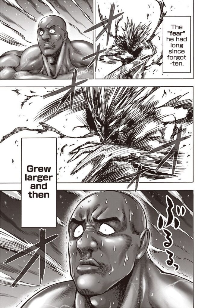 Garou attacks terrifyingly as Darkshine looks at him, very afraid and sweating.
