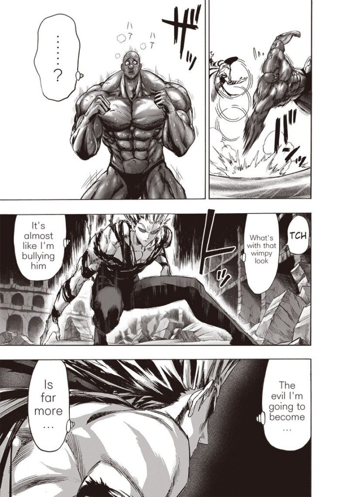 Darkshine counters, but Garou flips and dodges. Darkshine looks afraid, and Garou feels like he is bullying him.