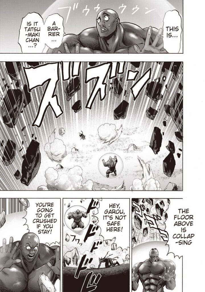 Darkshine notices the barrier and the floor above collapsing. He tells Garou to escape.