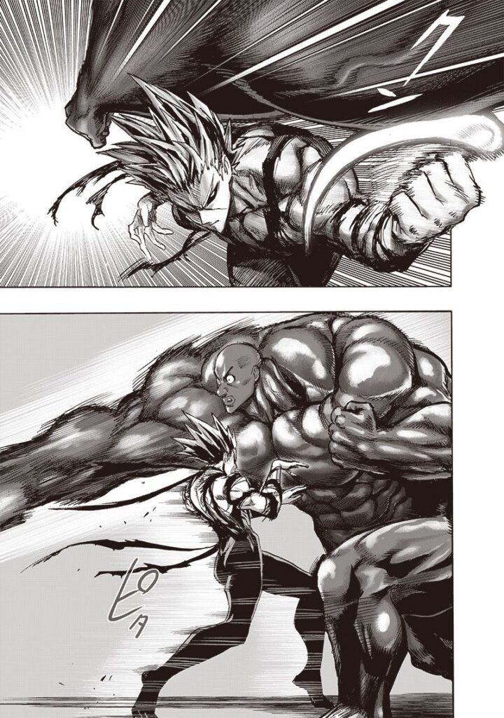 Garou slips under Darkshine's punch and gets very close to the surprised hero.