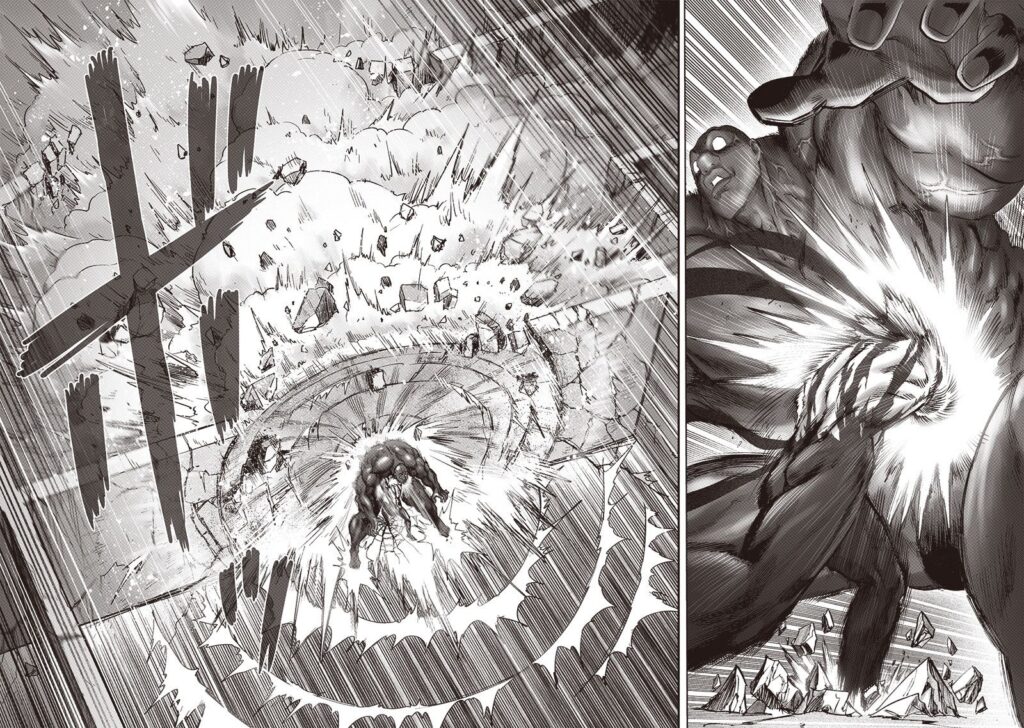 Garou attacks Darkshine's body and throws him away to a wall that easily gets destroyed.