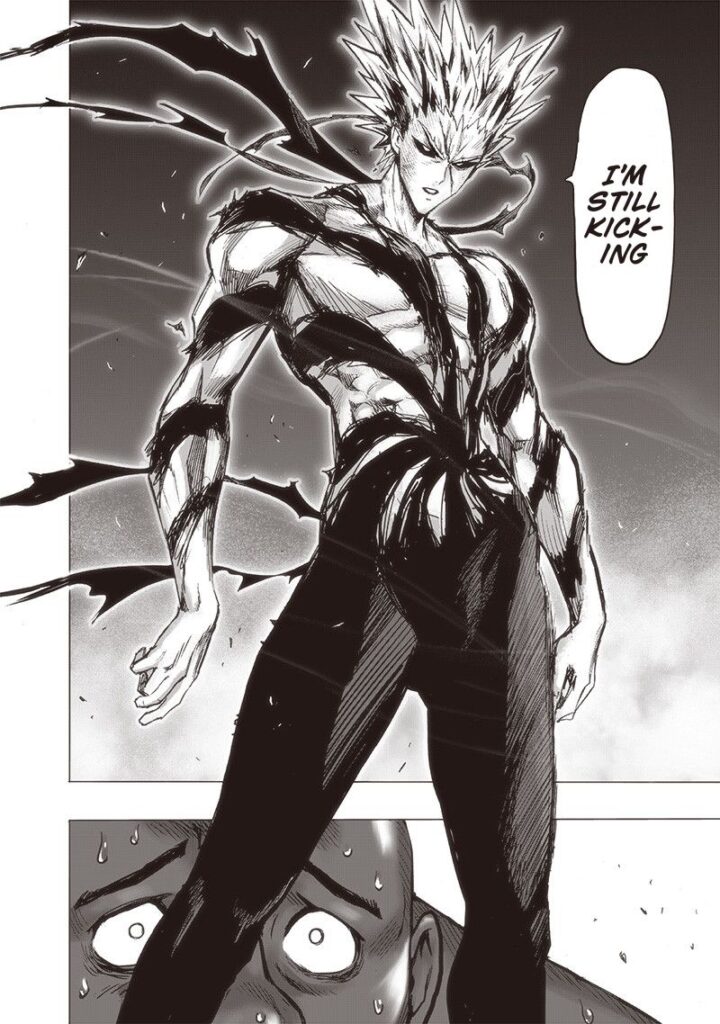 Garou stands with a swirling mark on his navel. Darkshine looks scared.