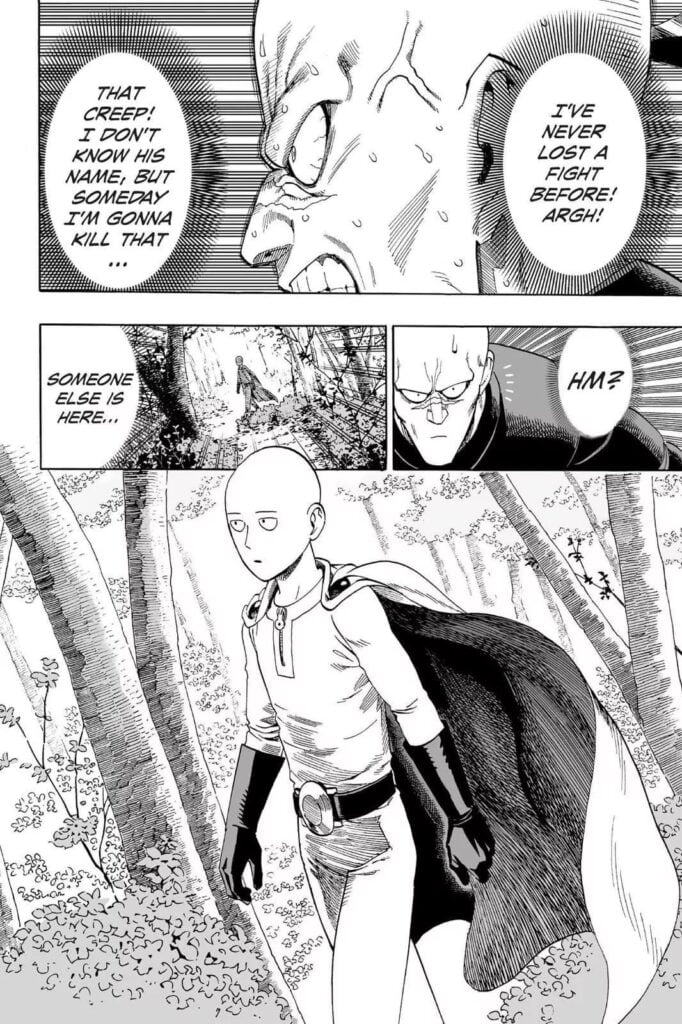 Hammerhead sees Saitama walking alone in the forest.