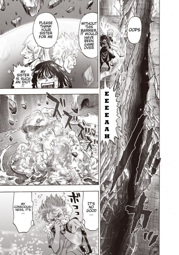 The ground breaks below Bang, Bomb, and Fubuki as they levitate. Child Emperor is still struggling with the water.