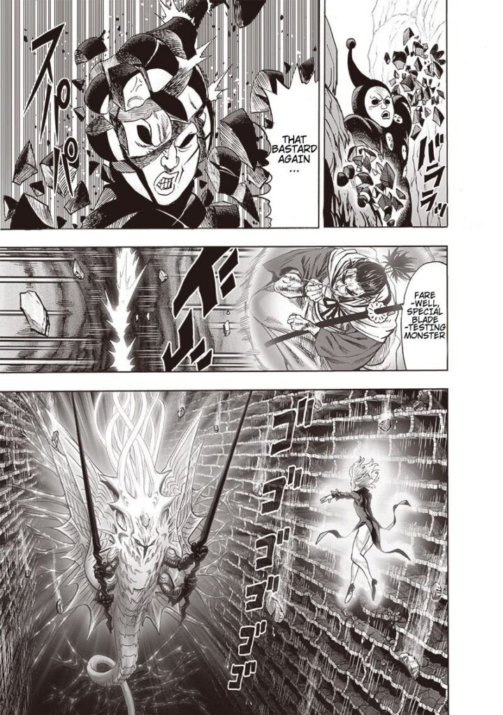 Black Sperm gets cut into pieces while the walls engulf him. Tatsumaki and monster Psykos face one-on-one.