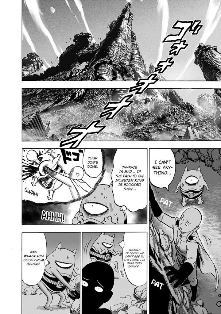 Back at the monster's tower underground, Saitama taps the walls while Manako grabs a rock to smash at Saitama.