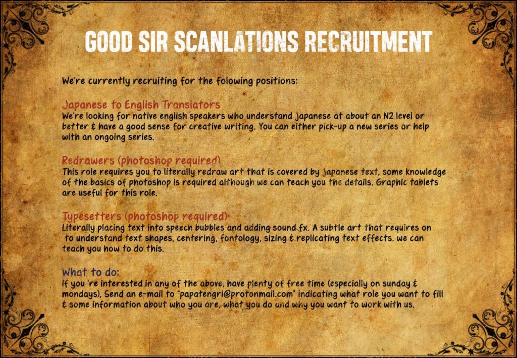 Good Sir, scanlation recruitment for translators, redrawers, and typesetters.